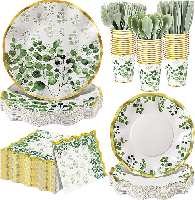 Ziliny 350 Pcs Sage Green Party Supplies Tableware Set Disposable 9'' 7'' Paper Plates 9 oz Cups Cutlery Napkins Dinnerware Set for Wedding, Bridal Birthday Serve 50 (Sage, Green, Gold)
