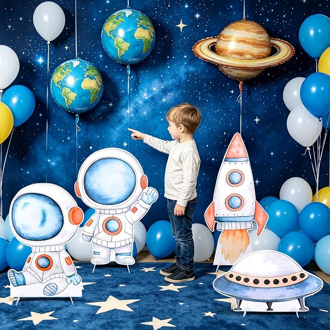Large Space Themed Cardboard Cutouts - 4Pcs Astronaut Rocket Spacecraft Spaceship Yard Sign Set Outer Space Cardboard Stand Sign for Birthday Decorations Photo Booth Props