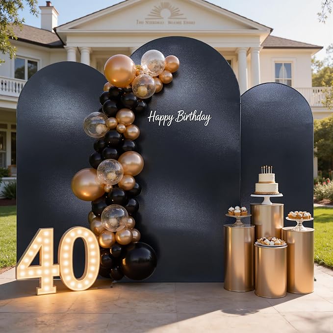 Shimmer Black Arch Backdrop Cover Set of 3 (6 6.6 7.2FT) with Zipper,Thick Soft Stretchy Sequin Glitter Spandex Fitted Chiara Cover for Wedding Birthday Baby Shower Graduation Party Photo Backdrop