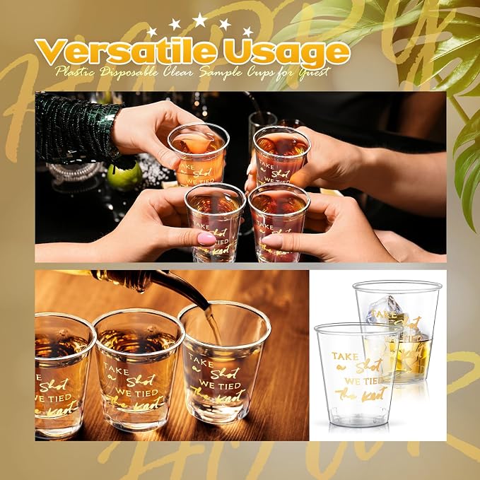 Domensi 200 Pieces Plastic Shot Clear Glasses 2 oz Take a Shot We Tied The Knot Disposable Mini Glasses Bulk Wedding Favors Cup for Weddings, Bridal Showers, Engagement Parties(Gold)