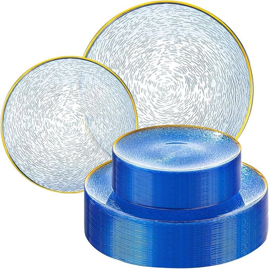Liacere 60Pcs Blue Plastic Plates - Blue Disposable Plates With Gold Rim, Heavy-duty Gold Plates,Water ripples Party Plates Include 30 Dessert-Platos,30 Dinner-Platos for party & Graduation＆ Spring