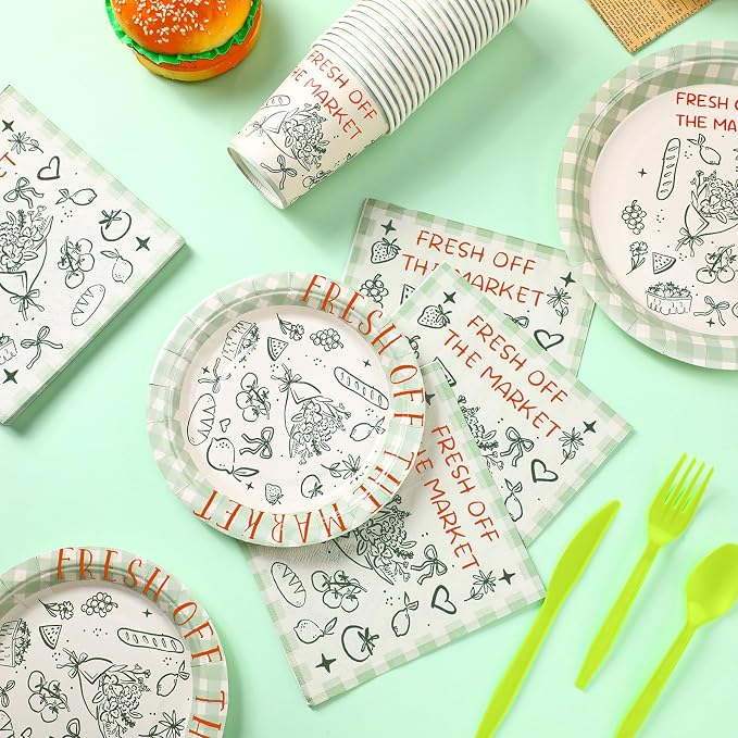 FoldTier 350 Pcs Fresh off the Market Bridal Shower Party Tableware - Paper Plate, Napkin, Cup, Cutlery, Disposable Fresh off the Market Party Decorations for Family and Friends, 50 Guests