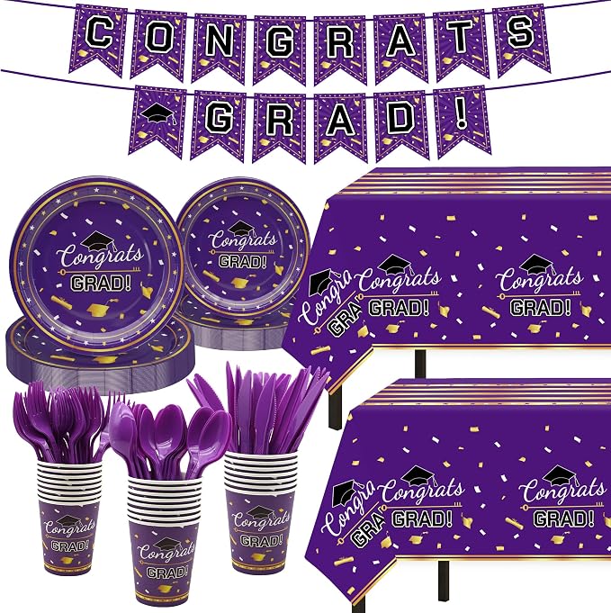 Graduation Decorations 2026,147 PCS Purple and Gold Graduation Decorations,Graduation Party Decorations,Disposable Grad Graduation Tableware Banner Graduation Plates Cups Tablecloth for 24 Guests