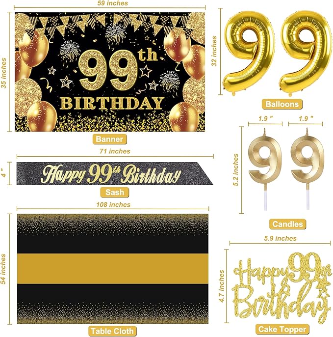 99th Birthday Decorations Men Women with 99th Birthday Banner, Black and Gold Table Cloth, Number Balloons, Large Sash, Cake Topper and Candles