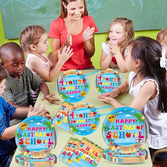 96 Pcs Happy Last Day of School Paper Party Plates and Napkins for Hello Summer Vacation Supplies Summer End of School Year Theme Dessert Tableware Set for 24 Guests Birthday Party Decorations