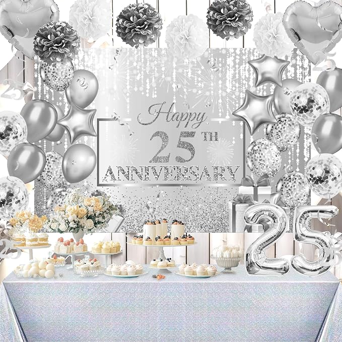 Hombae 25th Anniversary Decorations, Silver 25th Wedding Anniversary Party Decorations, 25 Year Anniversary Decor, Happy 25th Anniversary Backdrop Tablecloth Balloon Banner Hanging Swirls Pom Poms