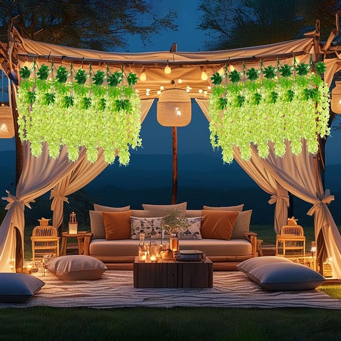 12 Pack Green Wisteria Hanging Flowers Garland with Lights, 3.44 Feet Artificial Flower Vines, Fake Wisteria, Artificial Vines Hanging Garland for Backdrop Outdoor Patio Garden Decor
