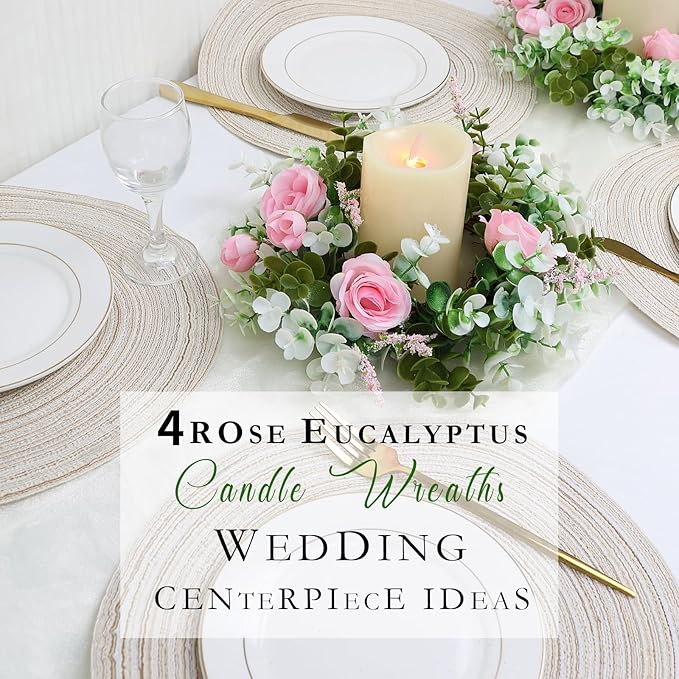 4 Pcs Rose Candle Rings - Artificial Pink Floral Wreaths with Eucalyptus Leaves Greenery Garland for Pillar Candleholders Wedding Centerpiece Party Home Table Decor