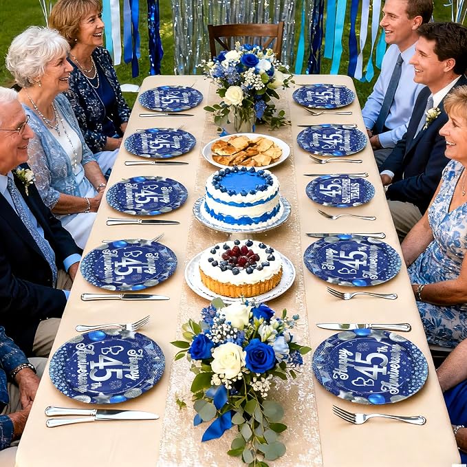96Pcs 45th Anniversary Decorations Blue Sapphire 45th Wedding Plates and Napkins Cheers to 45 Years Tableware Sets for 45 Birthday Anniversary Party Supplies,Serves 24