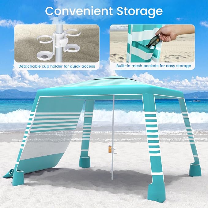 MoKo Beach Cabana, 8'×8' Large Beach Canopy with Side Wall, UPF 50+ Protection Easy Setup Beach Tent Sun Shelter, Adjustable Height Wind Resistant Cabana Beach Tent for Whole Family, Green Stripe