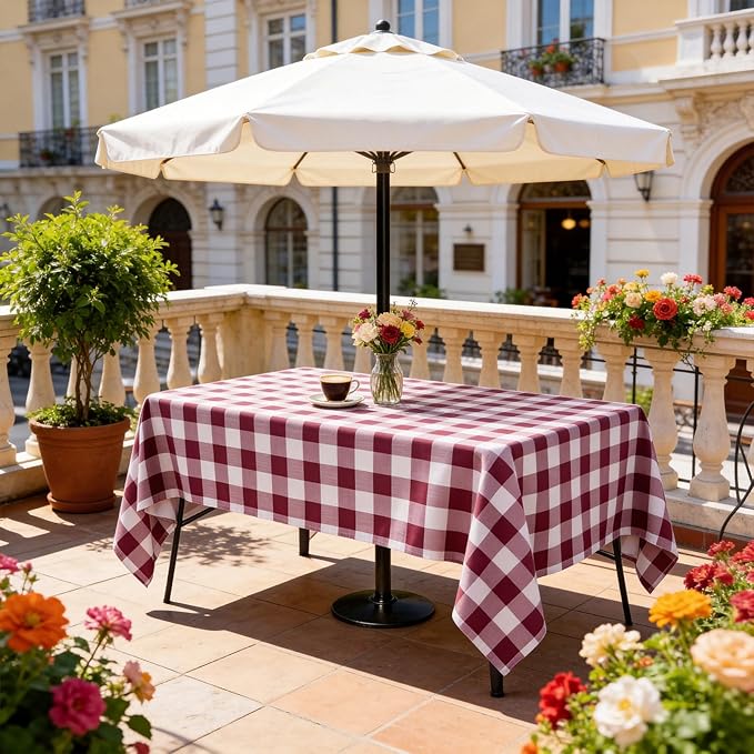Poise3EHome Rectangle Outdoor Tablecloth with Umbrella Hole and Zipper,Burgundy Gingham 84x60 Inch,SpillProof Washable Table Cloth for Spring Summer Patio Garden Poolside Picnic Camping BBQS