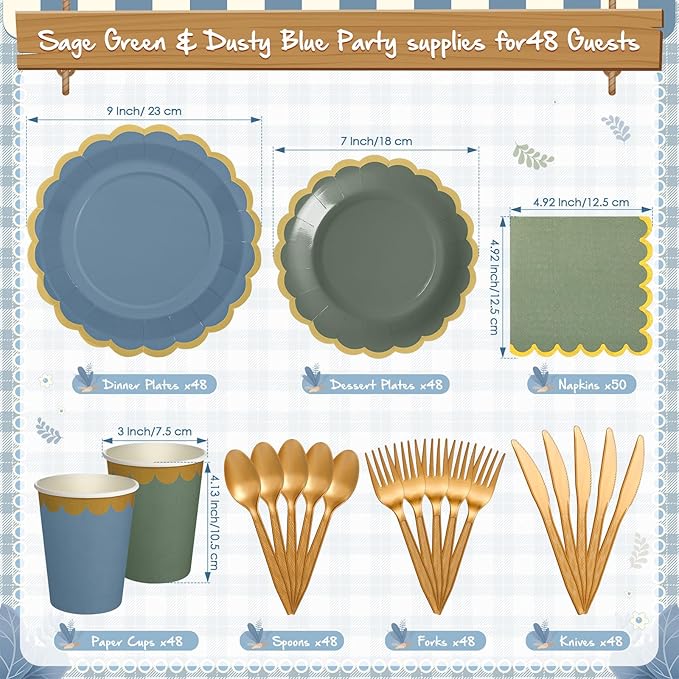 Mimorou 338 Pcs Blue and Sage Green Plates and Napkins Party Supplies for Guests Dusty Blue Tableware Include Scalloped Plates Paper Napkin Cup Spoon Fork Knife for Baby Shower, Wedding, Birthday