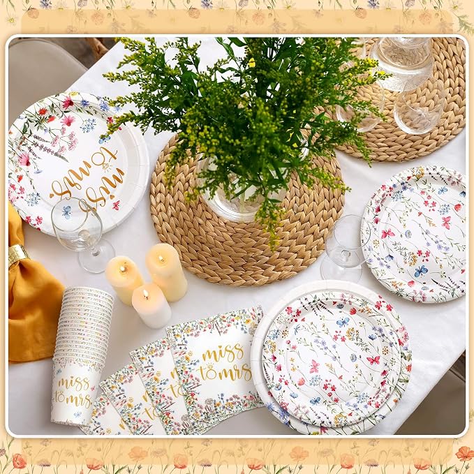 Zhehao 250 Pcs Bridal Shower Plates Napkins Sets 50 Pcs Floral 9'' Dinner Plates and 7'' Dessert Plate and 9oz Cups 100 Napkins Serves 50 Bridal Shower Wildflower Wedding Tableware Set
