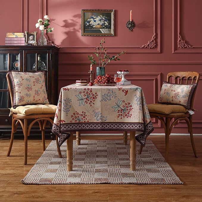 patdrea Vintage French Linen Tablecloth,Rectangular,110"x63"-NewMari | Elegant Printed Table Cloth for Rectangle Table,Red Floral Patterned,Dining Room Kitchen Tea Party Decoration,Durable
