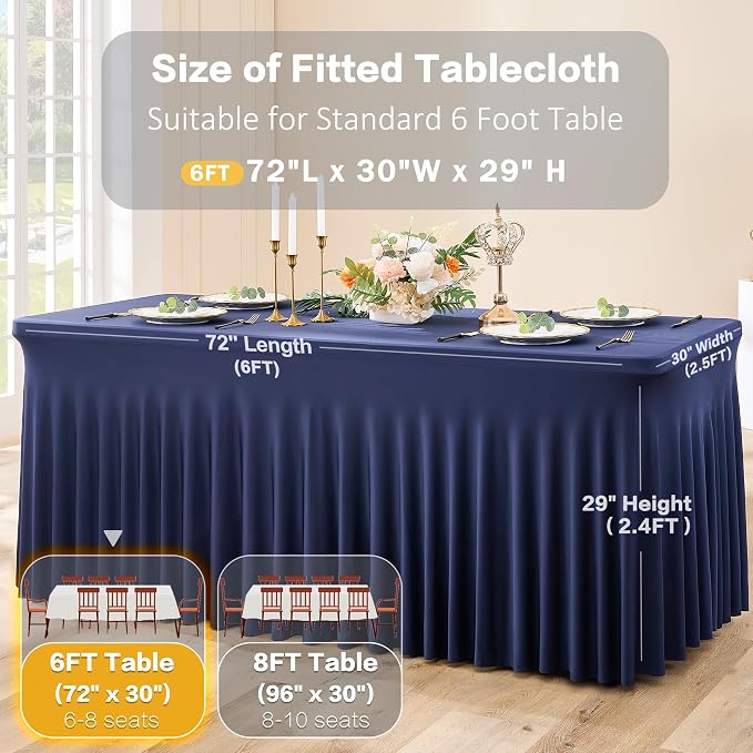 2 Pack Navy Blue Spandex Table Cloth for 6 Foot Rectangle Tables, Wrinkle Free Stretchy Tablecloths with Skirt Fitted Table Covers for Parties Weddings Birthday Banquet Baby Shower