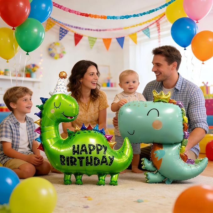 Cartoon Dinosaur Themed Happy Birthday Party Decorations, Plates Napkins Cups Tableware, Dino Backdrop Tablecloth, Happy Birthday Banner, Cake Topper, Colorful Printed Balloons for Kids Adults