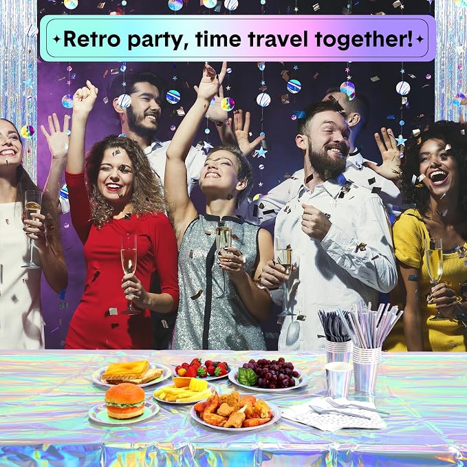 Sliner 256 Pcs Iridescent Party Decorations Supplies Holographic Party Decorations, Includes Paper Plates Cups Napkins Silver Cutlery Straws Plastic Tablecloth Foil Fringe Curtain Hanging Dot Streamer