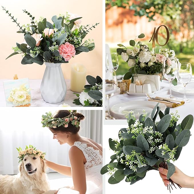 Janinka 60 Pcs Artificial Greenery Eucalyptus Stem Artificial Mixed Eucalyptus Stems Leaves Bulk with White Seeds Silver Dollar Faux Greenry Stems Sprays for Wedding Bouquet Decor Flower Arrangement