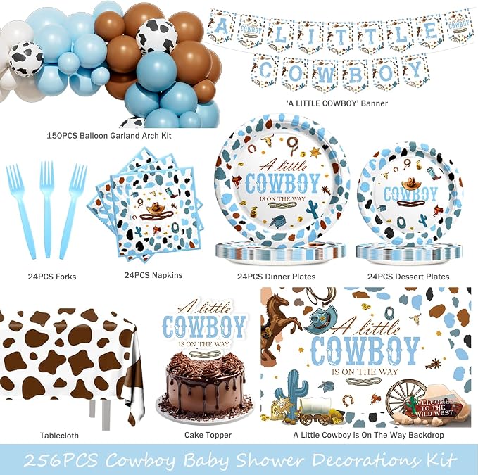 Hombae Cowboy Baby Shower Decorations, 256 PCs Western Baby Shower Party Supplies with A Little Cowboy is On The Way Backdrop, Balloon Garland, Cake Topper, Tableware Set - Plates, Napkins, Forks