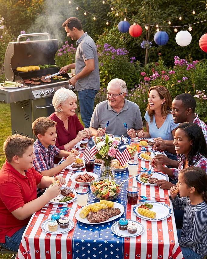 Goodluck 350 Piece 4th of July Blue Star Plastic Dinnerware Set for 50 Guests, Disposable Plates for Independence Day Supplies, Include: 100 Plates, 50 Pre Rolled Napkins with Silverware, 50 Cups