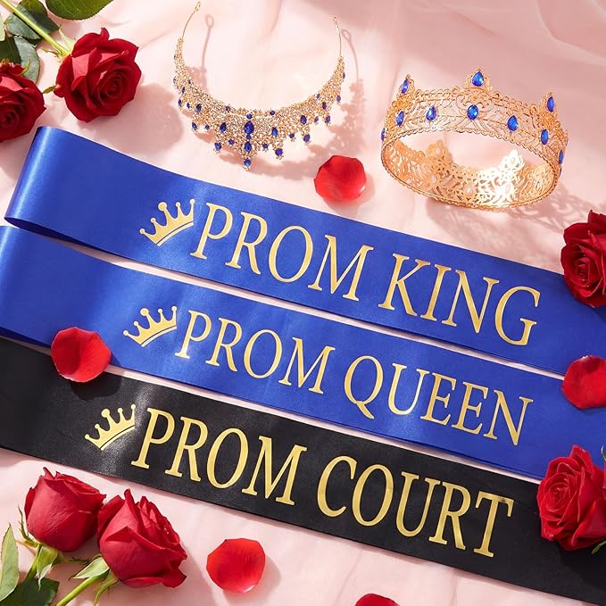 Retrowavy 12 Pcs Prom Crown and Sash Set, Prom King and Queen Tiara Rhinestone Crown Satin Sash for Graduation Party