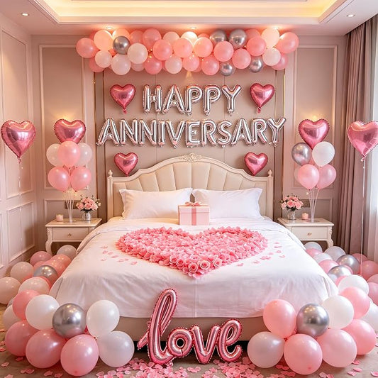 Pink Happy Anniversary Balloons Kit with Heart Shaped, Love Foil Balloons and 1000 Pieces Rose Petals for Valentine's Day Proposals Decorations (Pink - Happy Anniversary)