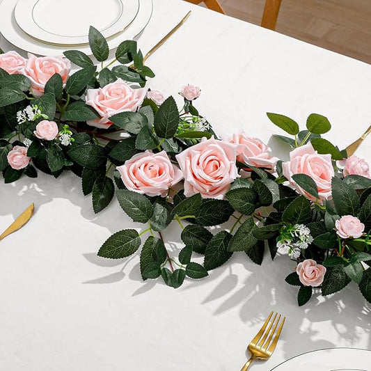 2 Pack 11.2 Ft Artificial Flower Garland with Pink Roses, Realistic Fake Greenery Vines with 17 Roses Flowers for Wedding Table Centerpieces Arch Party Ceremony Backdrop Decor(Pink)