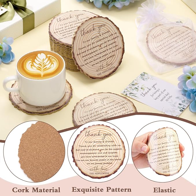 50 Sets Wedding Favors for Guests Cork Coasters Bulk Thank You Cards Organza Bags Wood Coaster Rustic Wedding Gift Bridal Shower Party Favors