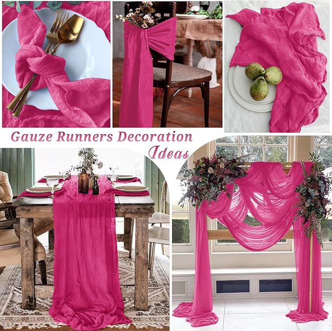10 Pcs Hot Pink Cheesecloth Table Runner 10FT, Gauze Table Runner for Wedding Reception Sheer Bridal Shower Birthday Party Boho Table Decoration, Rustic Romantic Wedding Runner