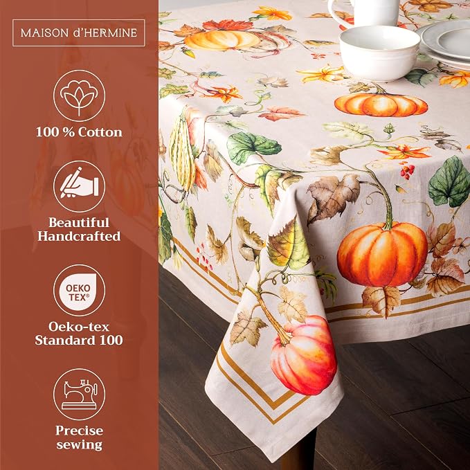Maison d' Hermine Table Cloth Rectangle Table 100% Cotton 70 x 120 Inches Fall Tablecloth Reusable Everyday Use for Thanksgiving Christmas Decorations Dining Farmhouse Party (Potiron)