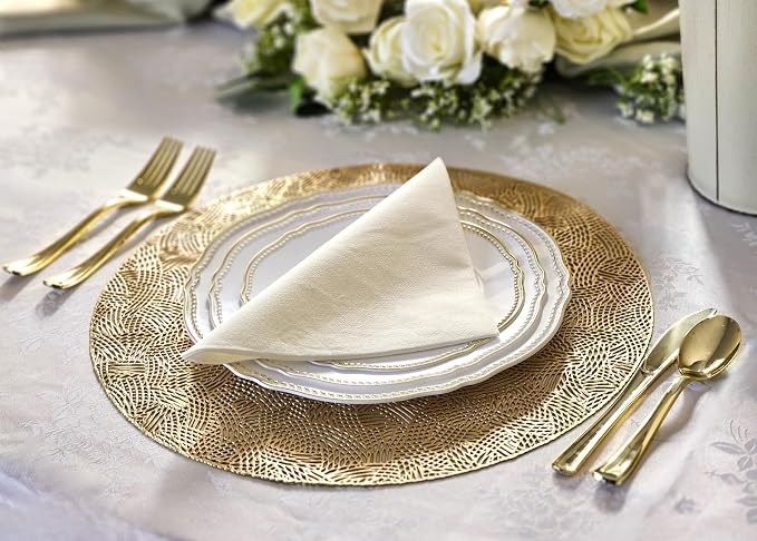 " OCCASIONS " 150pcs set (25 Guests)-Wedding Plastic Plates & cutlery -Disposable heavyweight Dinnerware 10.25'', 7.5'' + Silverware w/double fork (Rochelle White & Gold)