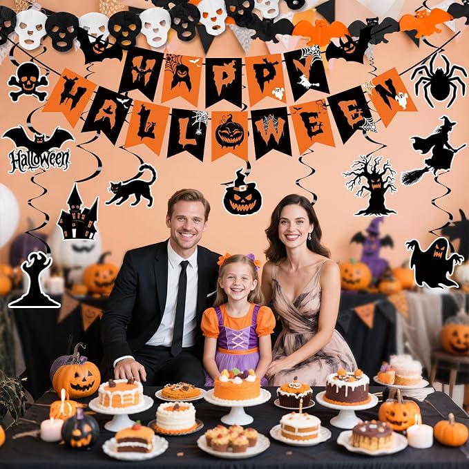 Halloween Party Decorations Happy Halloween Banner Kit Including Trick or Treat Sign Ghost Witches Hanging Swirl, Pumpkins Bats and Skull Head for Indoor Outdoor Decorations