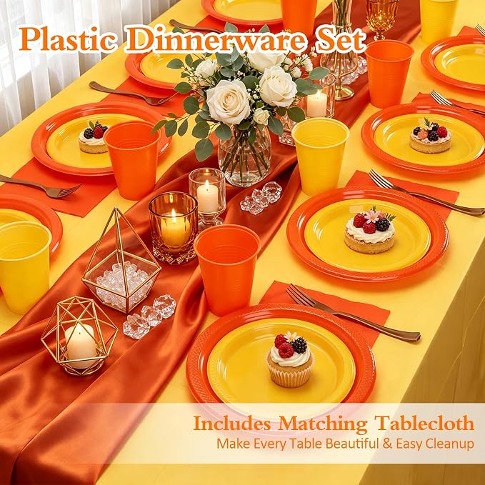 Fall Plastic Plates for Party,Disposable Orange and Yellow Party Supplies,50 of Each 9" Dinner,7" Dessert Plate,Napkins,Cups,Forks and 2 Tablecloth Dinnerware for Birthday & Fall Thanksgiving