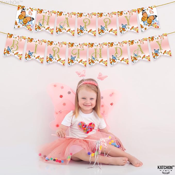 KatchOn, Glitter Butterfly Happy Birthday Banner - 2 String, Pre-Strung | Banner for Butterfly Birthday Decorations | birthday decorations for women