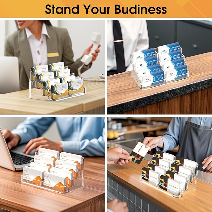 MaxGear 8 Pack Acrylic Business Card Holder for Desk, Clear Desktop Business Card Display Stand with 8 Pockets, 4-Tier Freestanding Card Organizer for Office, Reception, Countertop