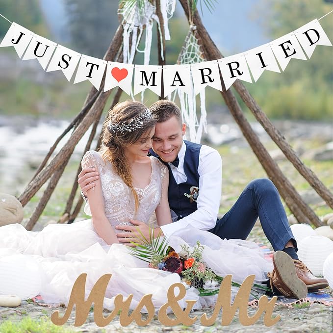 Mr & Mrs Wooden Letters, Just Married Banner, Head Table Wedding Decor - Anniversary, Valentine's Day, Vintage (Wood Color With Banner)