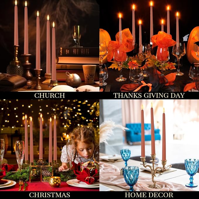 Macarrie 24 Packs Flameless Taper Candles Battery Operated Fake 11 Inch Long Candlelight LED Flameless Candlesticks Flickering Tapered for Summer Fall Wedding(Brown)