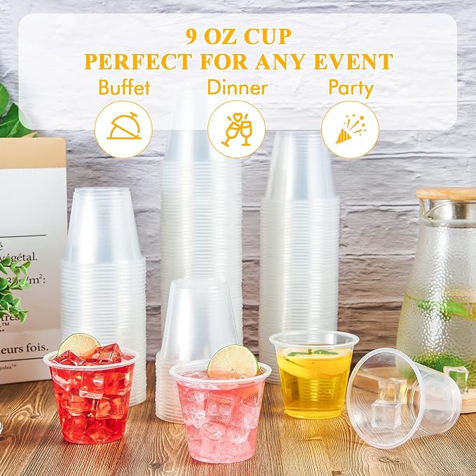 Lilymicky 300 Pack 9 oz Disposable Clear Plastic Cups, 9 Ounce Party Cups for Cocktail, Parties, Picnics, and Events