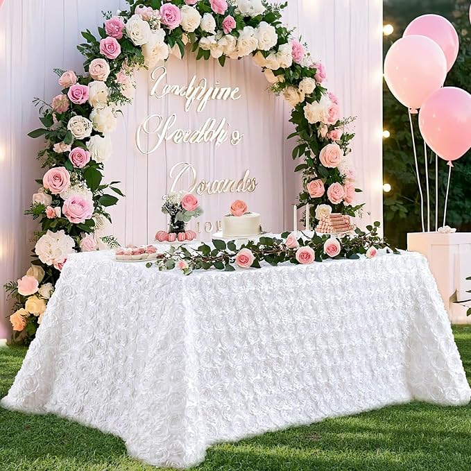 B-COOL White Rosette Tablecloth 90 by 132 Inch White Table Cover 3D Rectangle Floral Tablecloths Wedding Birthday Banquet Party Tabletop Decorations