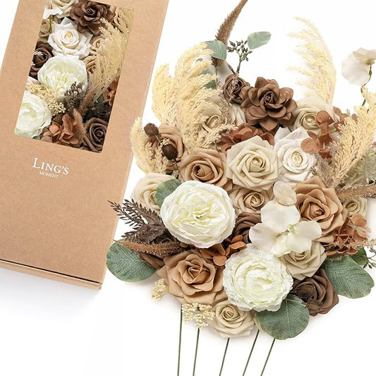 Ling's moment Fake Flowers Box, Faux Pampas Artificial Gardenia Foam Roses Silk Peony for Centerpieces Bouquet Wedding Floral Arrangements Bridal Shower Party, Earth Brown & Tawny Beige, Deluxe Combo