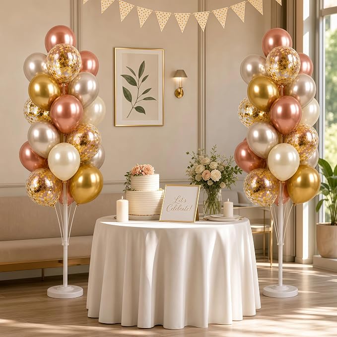 Balloon Column Kit Set of 2 With Balloons Included - with Base, and Pole,Balloon Tower Backdrop Decoration for Wedding, Baby Shower, Birthday Party, or Bachelorette Parties (Rose Champagne Gold)