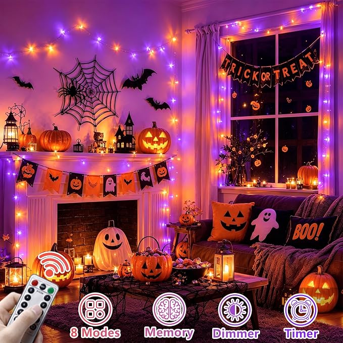 YEGUO Battery Operated Halloween Lights, 2 Pack Each 33ft 100 LED Orange and Purple String Lights Outdoor Waterproof, 8 Modes Clear Wire Christmas Twinkle Lights Indoor with Remote