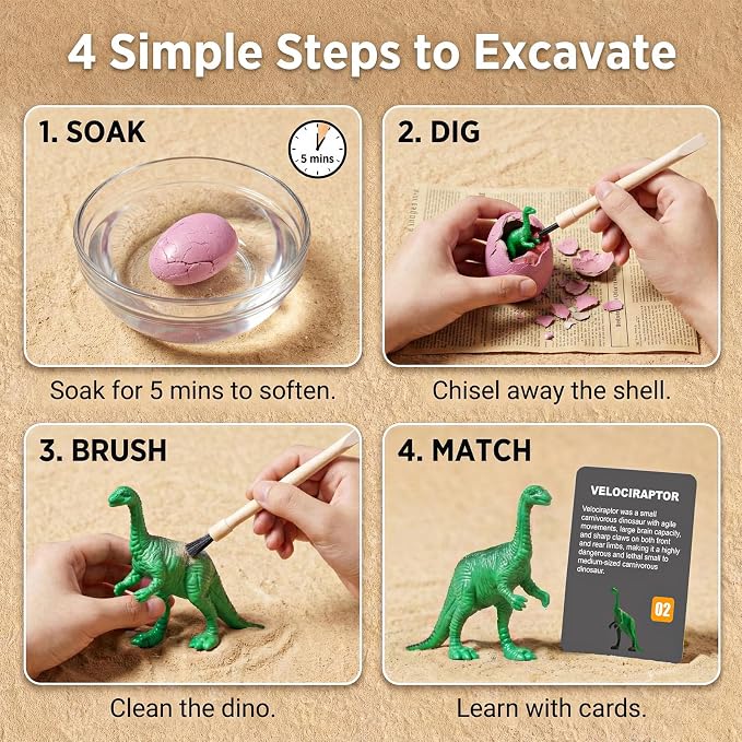 24 Pack Colorful Dinosaur Eggs Excavation Kit with Learning Cards - Dino Dig STEM Science Toy for Kids - Easter Basket Stuffers, Party Favors Birthday Gifts Classroom Activities for Boys Girls Age 3+