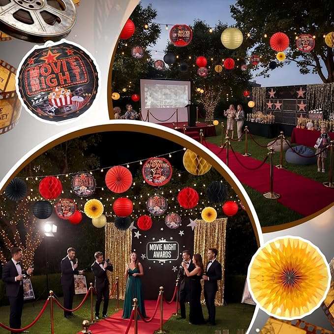 Retisee 18 Pcs Movie Night Party Decor Theme Hanging Paper Lanterns with Popcorn Trophy Microphone Film Reel Honeycomb Ball Fans for Movie Night Theater Carnival Party Decor