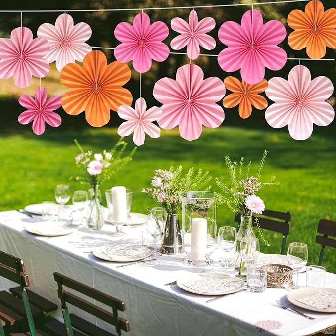 BestoFun 12 PCS Paper Flowers Fans Pink and Orange Party Decorations Paper Flowers Decorations for Wall Girl Groovy Birthday Baby Shower Wedding Bachelorette Room Hanging Décor