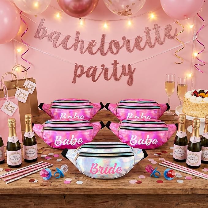 7 Pcs Bachelorette Party Fanny Pack Set Bride and Babe Pack Holographic Belt Laser Waist Bag with Adjustable Belt for Women Wedding Bridal Shower Party Favors