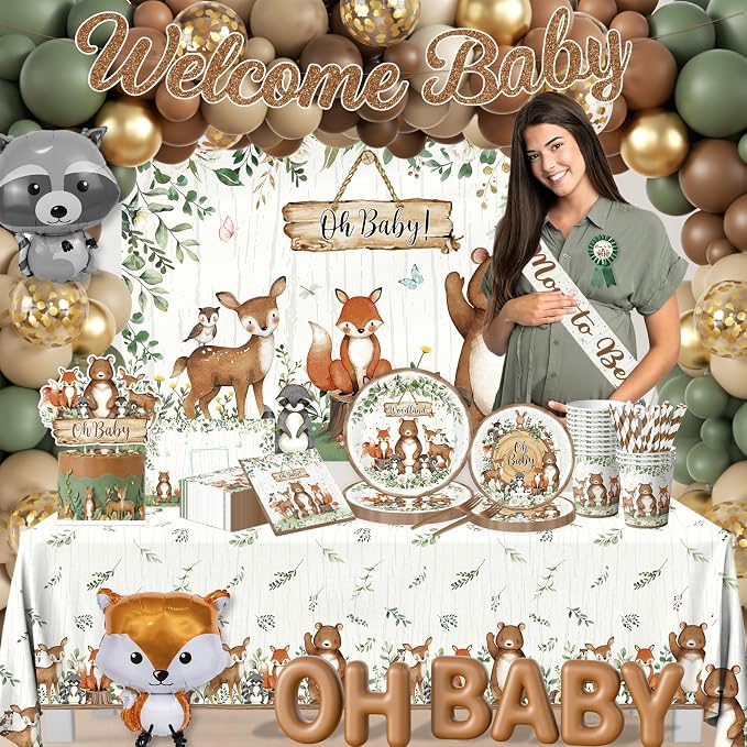 Woodland Baby Shower Decorations,273pcs Woodland Animals Baby Shower Decorations With Plates and Napkins Cups Tablecloth Backdrop Balloon Arch Cake Toppers for Woodland Creatures Baby Shower Supplies