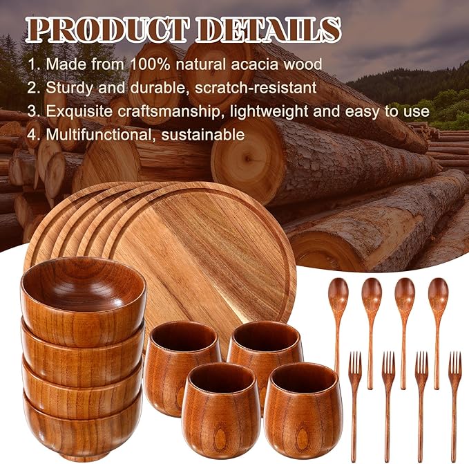 20 Pcs Acacia Wood Dinnerware Set 10 Inch Round Wooden Plates Bowls Tea Cups Fork Spoons Acacia Wood Tableware Supplies Easy Cleaning Lightweight for Dishes Snack Dessert, 4 Set