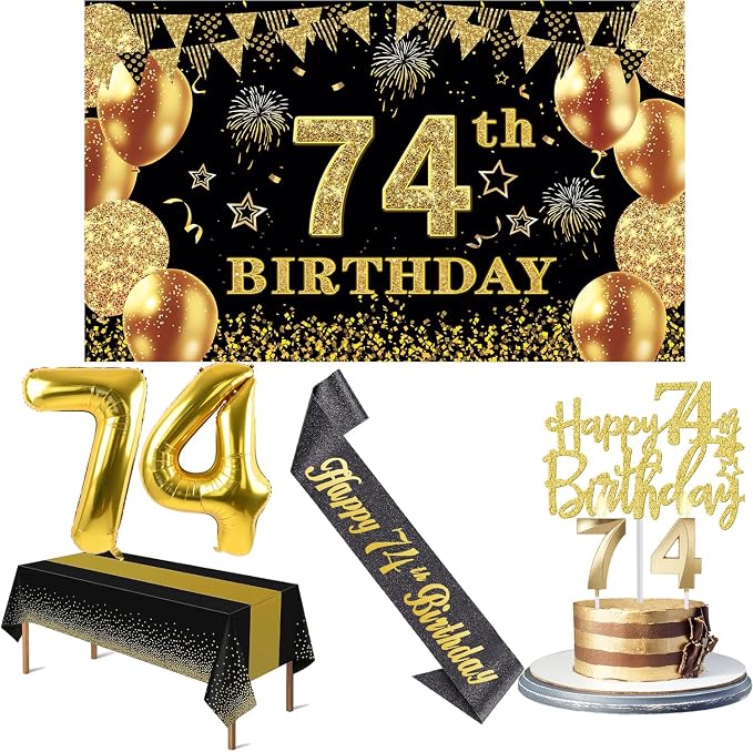 74th Birthday Decorations Men Women with 74th Birthday Banner, Black and Gold Table Cloth, Number Balloons, Large Sash, Cake Topper and Candles