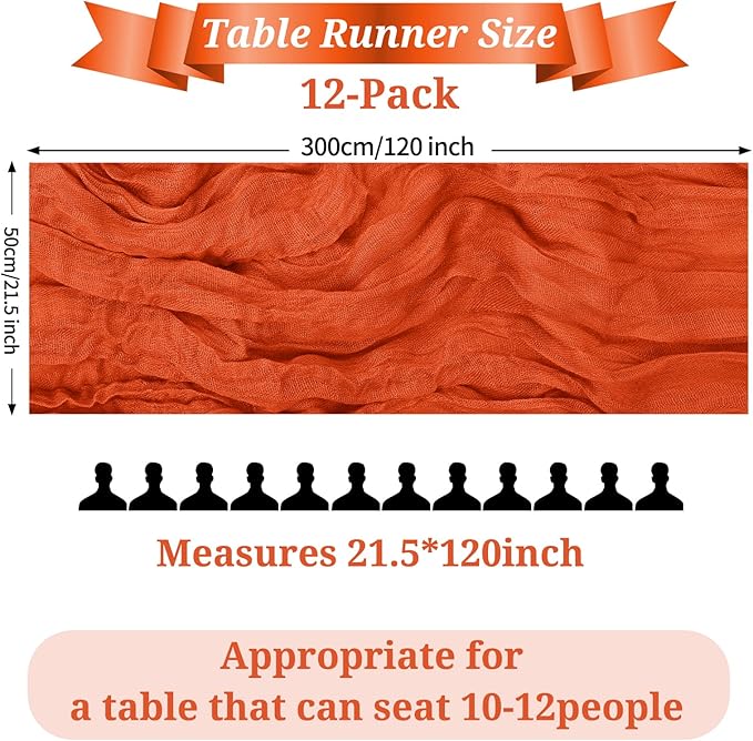 Pesonlook 12 Pack Orange Cheesecloth Table Runner, 10FT Cheesecloth Rustic Boho Table Runner Long Romantic Semi Sheer Table Runner for Wedding Birthday Bridal Shower Party Decorations(21.5×120 Inch)